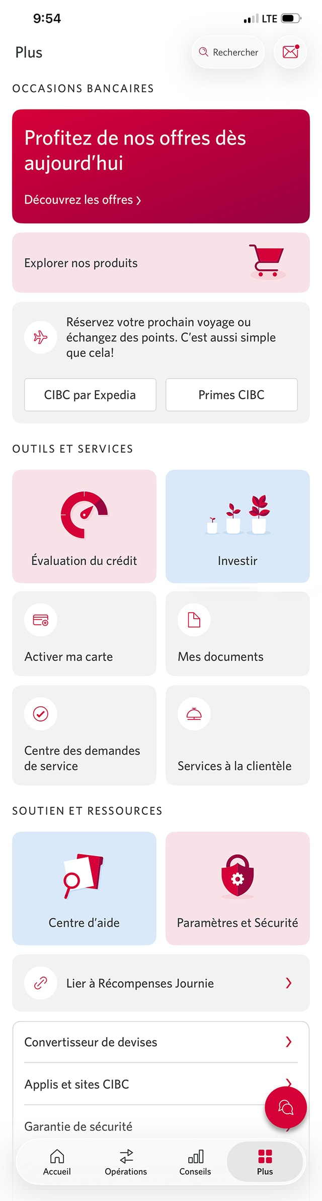 Écran 13 de la démonstration : Menu Plus de l’application Services bancaires mobiles CIBC. Une animation dynamique met en évidence le bouton Paramètres et Sécurité.