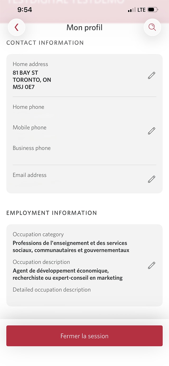 Écran 15 de la démonstration : Mon profil dans l’application Services bancaires mobiles CIBC. Une animation dynamique met en évidence le bouton Précédent.