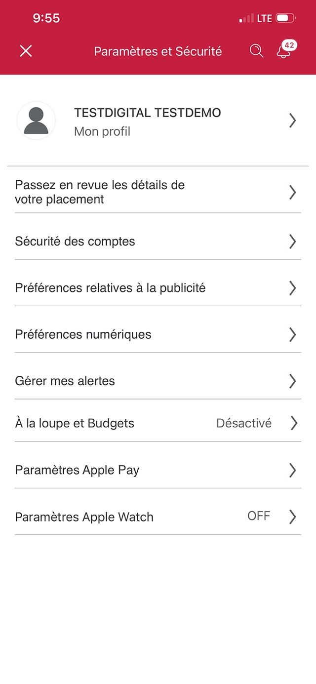 Écran 16 de la démonstration : Page Paramètres et Sécurité de l’application Services bancaires mobiles CIBC. Une animation dynamique met en évidence le bouton de fermeture pour fermer la fenêtre.