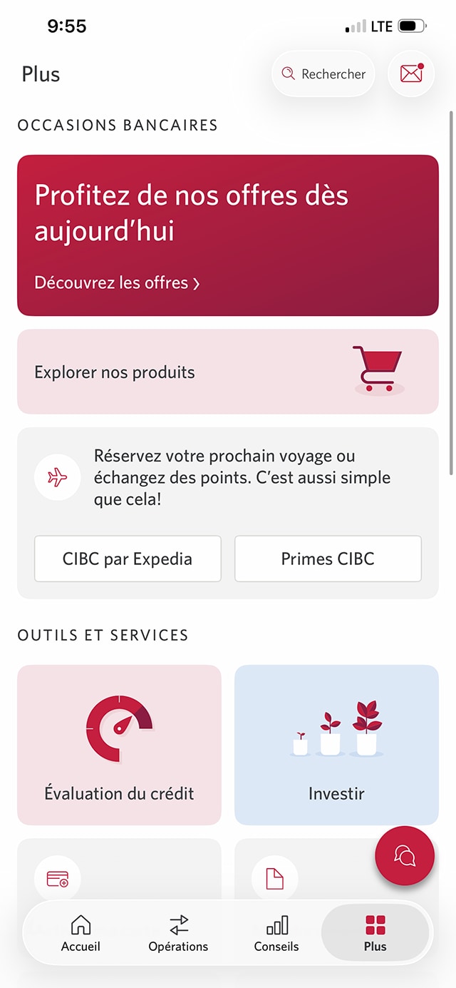 Écran 17 de la démonstration : Page Paramètres et Sécurité de l’application Services bancaires mobiles CIBC. Une animation dynamique met en évidence le bouton Mes messages.