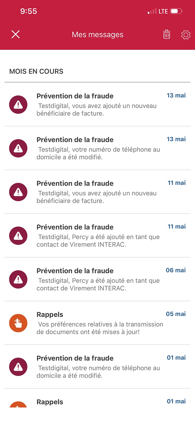 Écran 18 de la démonstration : Centre de communications de l’application Services bancaires mobiles CIBC. Une animation dynamique met en évidence le bouton de fermeture pour fermer la fenêtre.