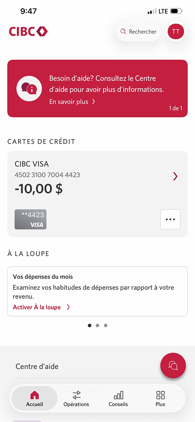 Écran 19 de la démonstration : Page d’accueil de l’application Services bancaires mobiles CIBC. Aucune animation dynamique.