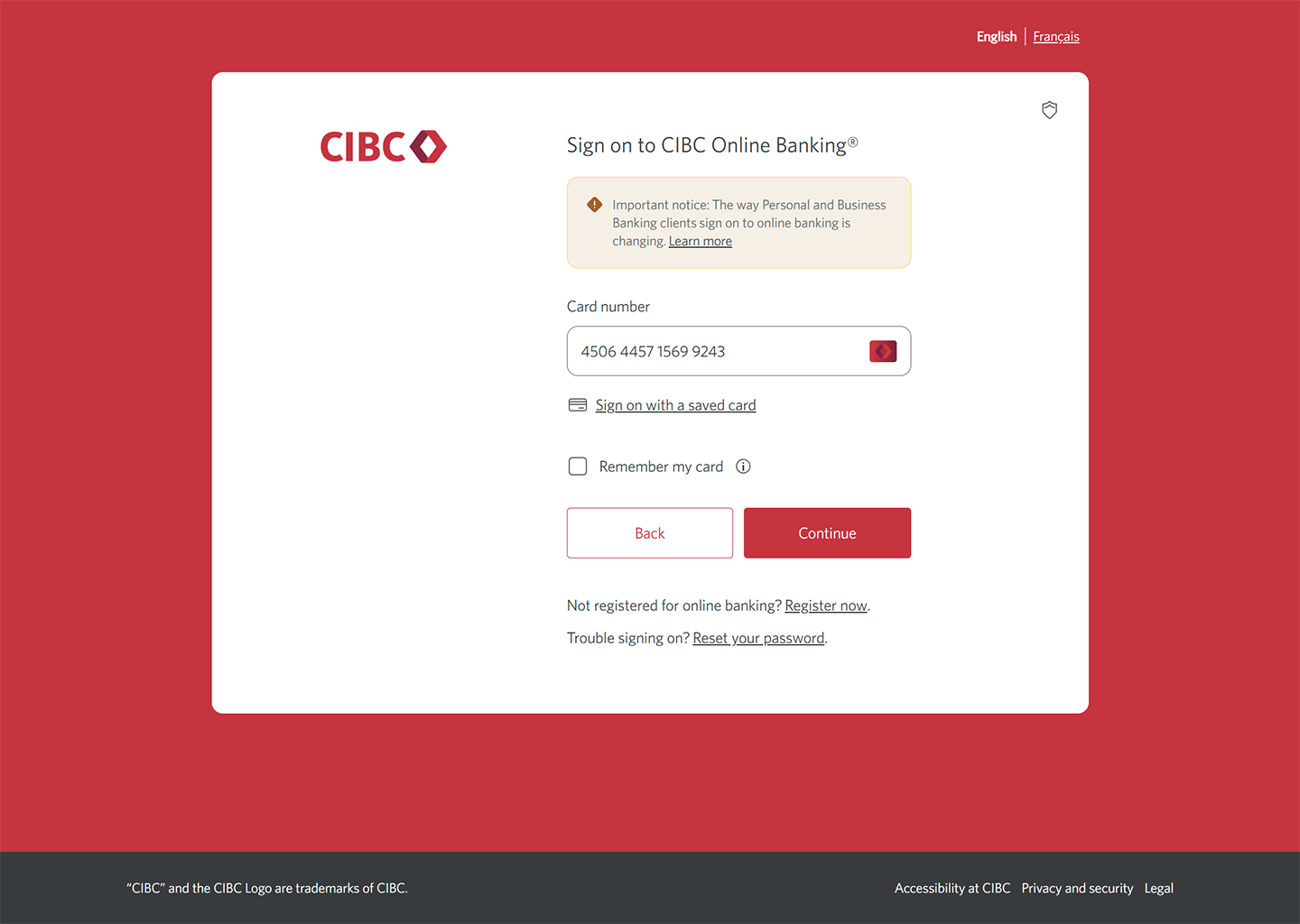 Demo screen 2: CIBC Online Banking sign on screen to enter card number. A pulsing animation highlights the "Continue" button.