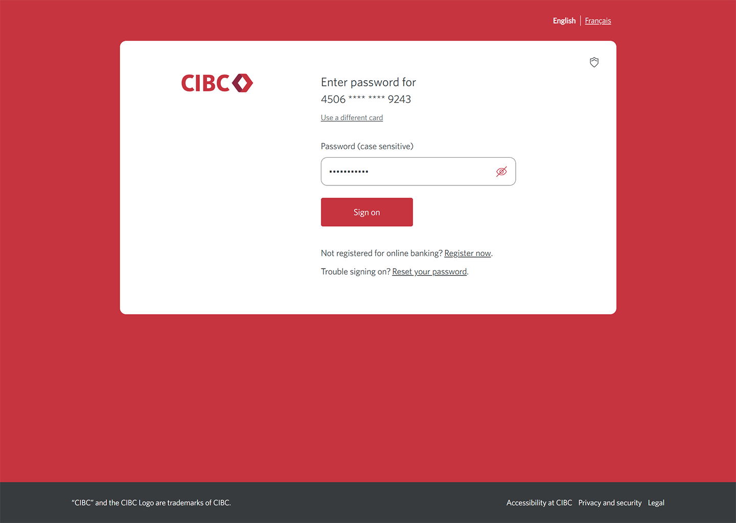 Demo screen 3: CIBC Online Banking sign on screen to enter password. A pulsing animation highlights the "Sign on" button.