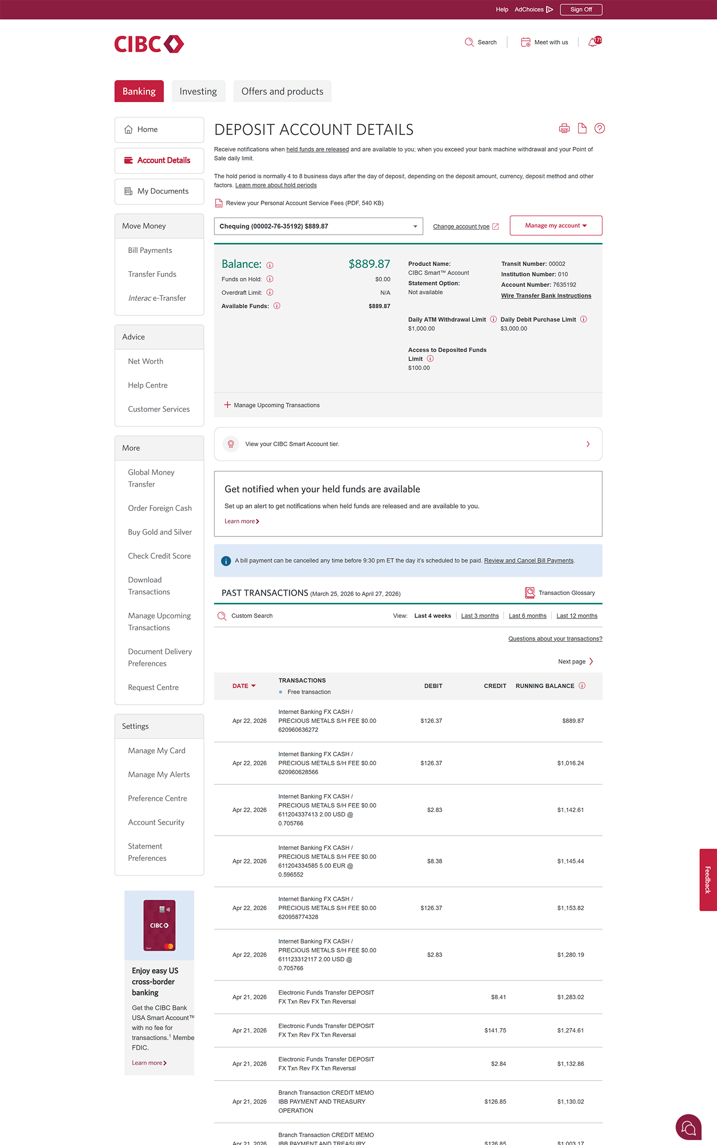 Demo screen 6: Deposit Account Details page. A pulsing animation highlights the transactions section that can be reviewed.
