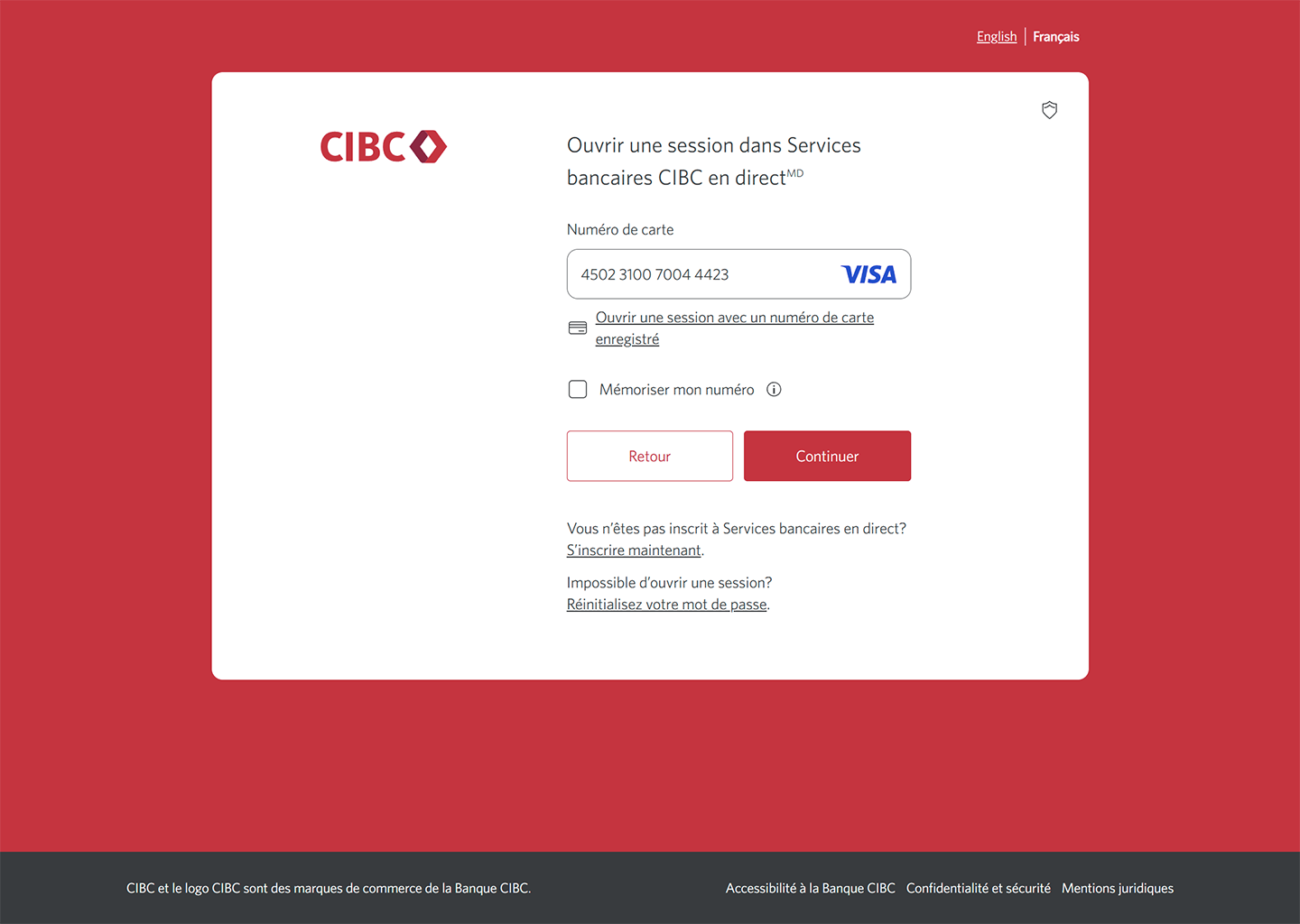 Écran 2 de la démonstration : Écran d’ouverture de session de Services bancaires CIBC en direct pour entrer le numéro de carte. Une animation dynamique met en évidence le bouton Continuer.