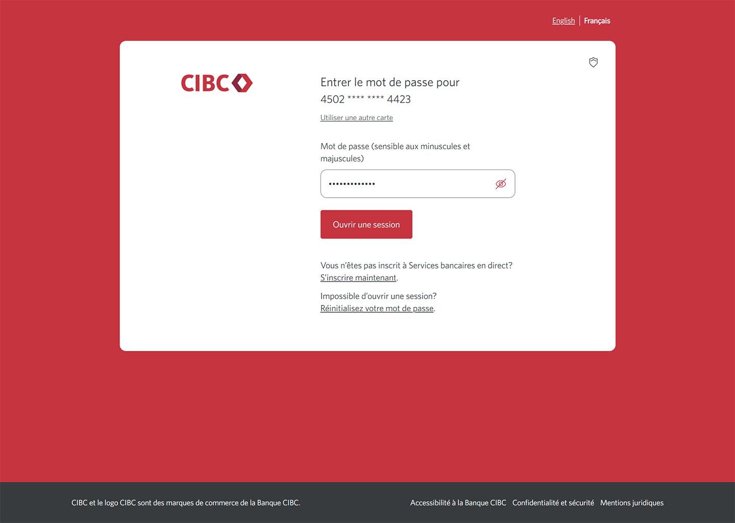 Écran 3 de la démonstration : Écran d’ouverture de session de Services bancaires CIBC en direct pour entrer le mot de passe. Une animation dynamique met en évidence le bouton Ouvrir une session.