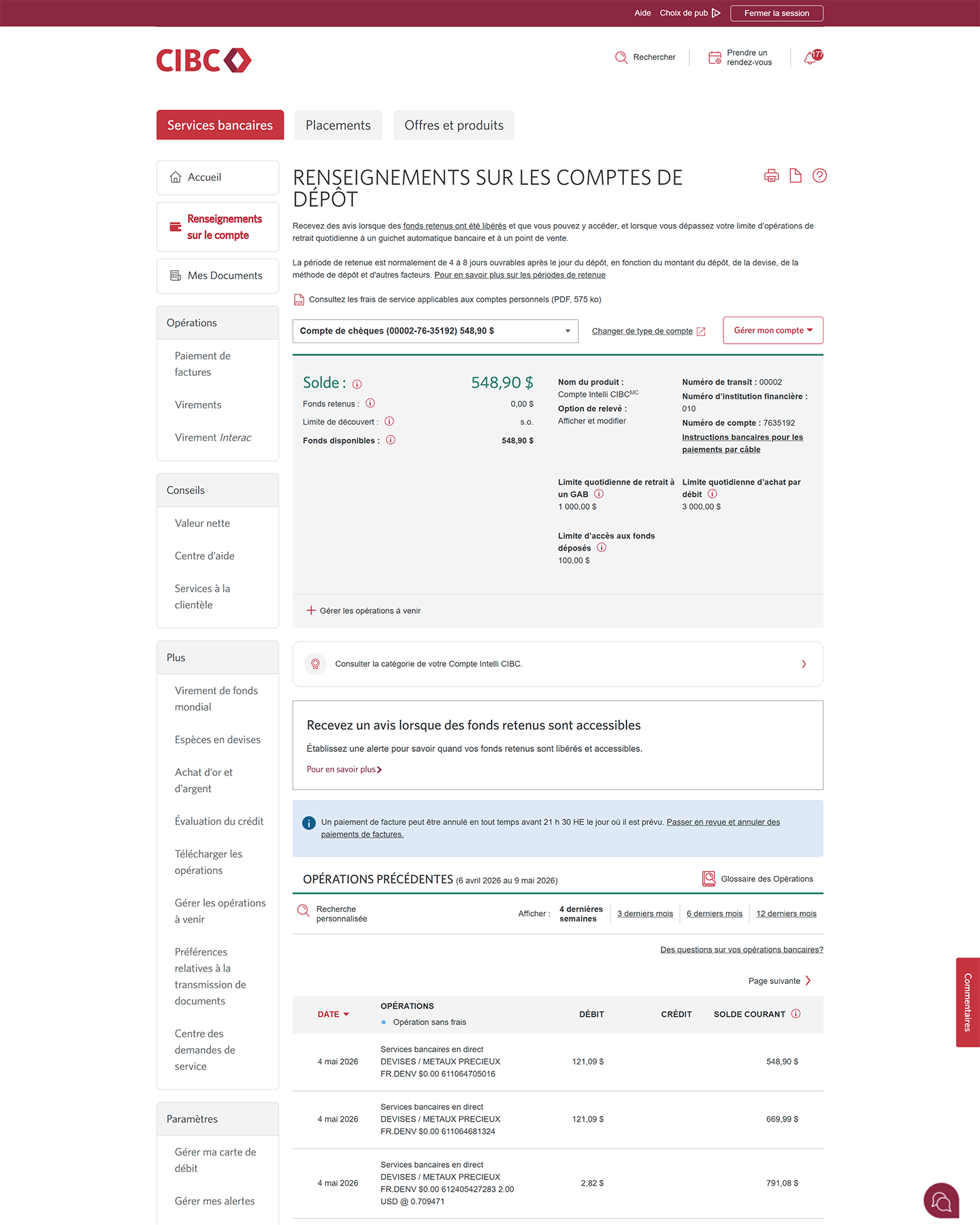 Écran 6 de la démonstration : Page Renseignements sur les comptes de dépôt. Une animation dynamique met en évidence la section des opérations qui peut être examinée.