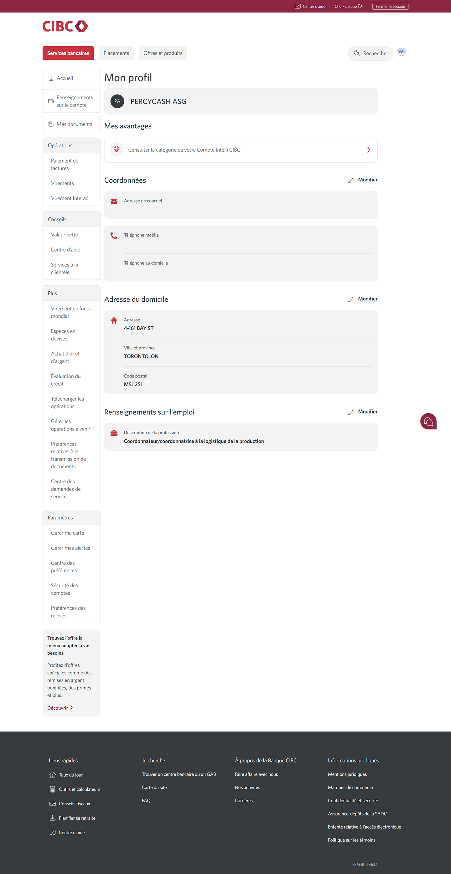 Écran 10 de la démonstration : Page Mon profil. Une animation dynamique met en évidence le lien Accueil.
