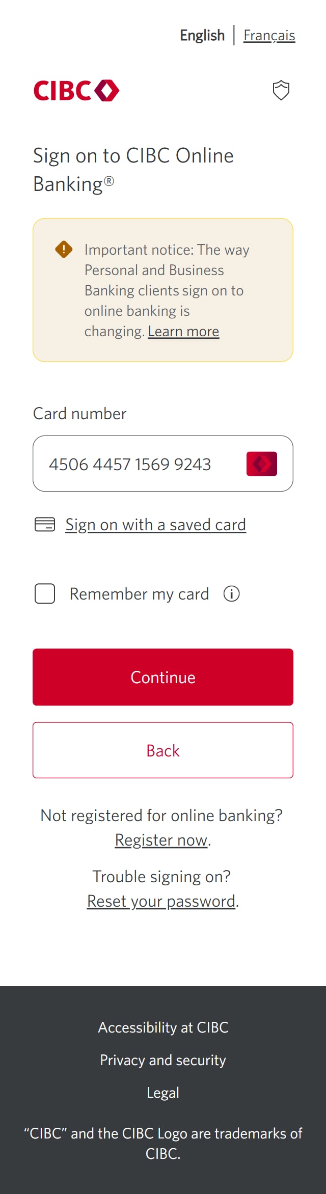 Demo screen 2: CIBC Online Banking sign on screen to enter card number. A pulsing animation highlights the "Continue" button.