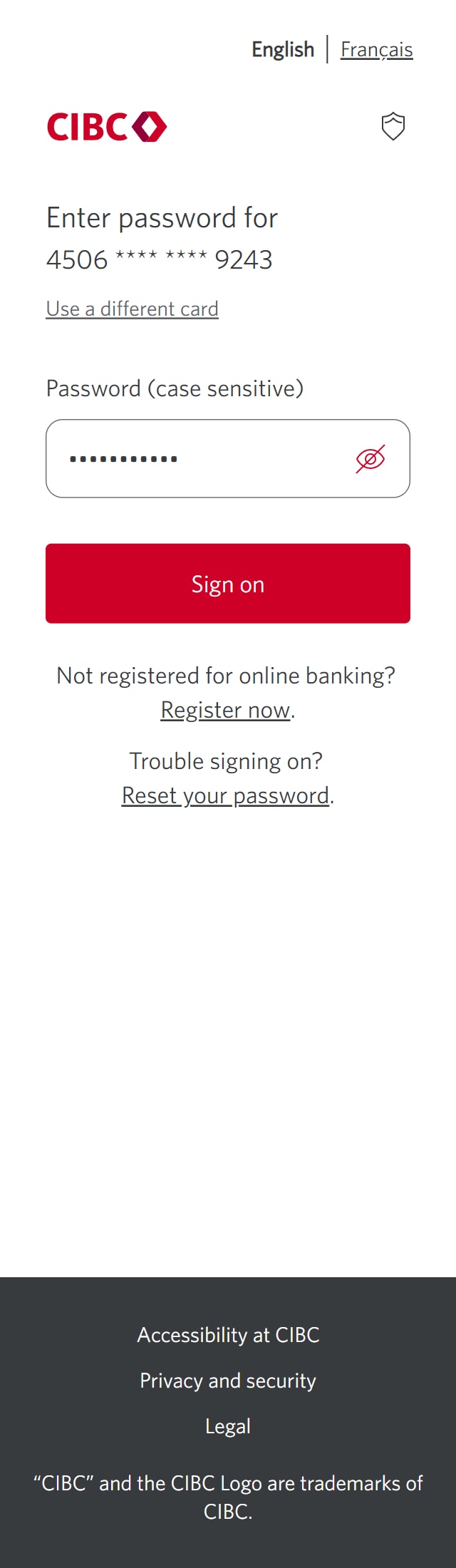 Demo screen 3: CIBC Online Banking sign on screen to enter password. A pulsing animation highlights the "Sign on" button.