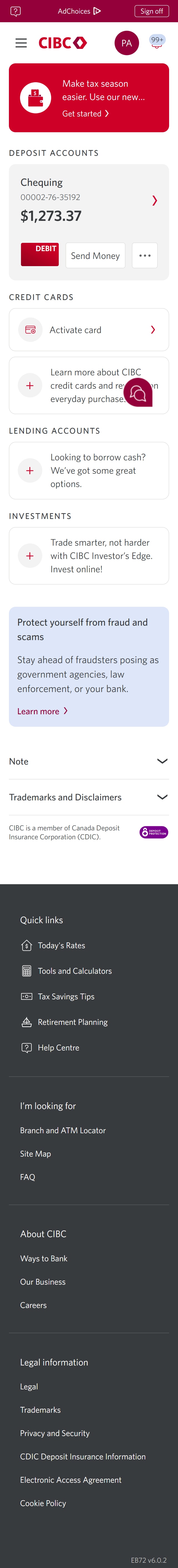 Demo screen 4: CIBC Online Banking homepage. A pulsing animation highlights the "More options" menu.