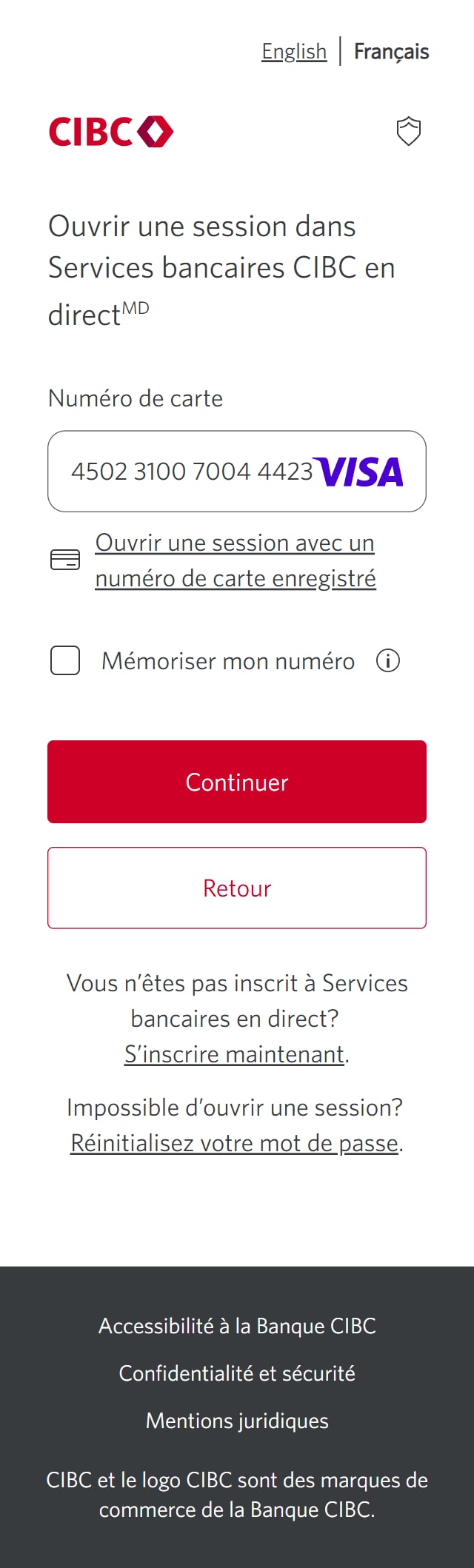 Écran 2 de la démonstration : Écran d’ouverture de session de Services bancaires CIBC en direct pour entrer le numéro de carte. Une animation dynamique met en évidence le bouton Continuer.