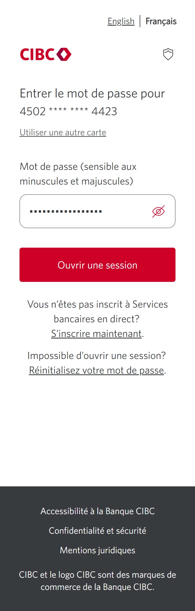 Écran 3 de la démonstration : Écran d’ouverture de session de Services bancaires CIBC en direct pour entrer le mot de passe. Une animation dynamique met en évidence le bouton Ouvrir une session.