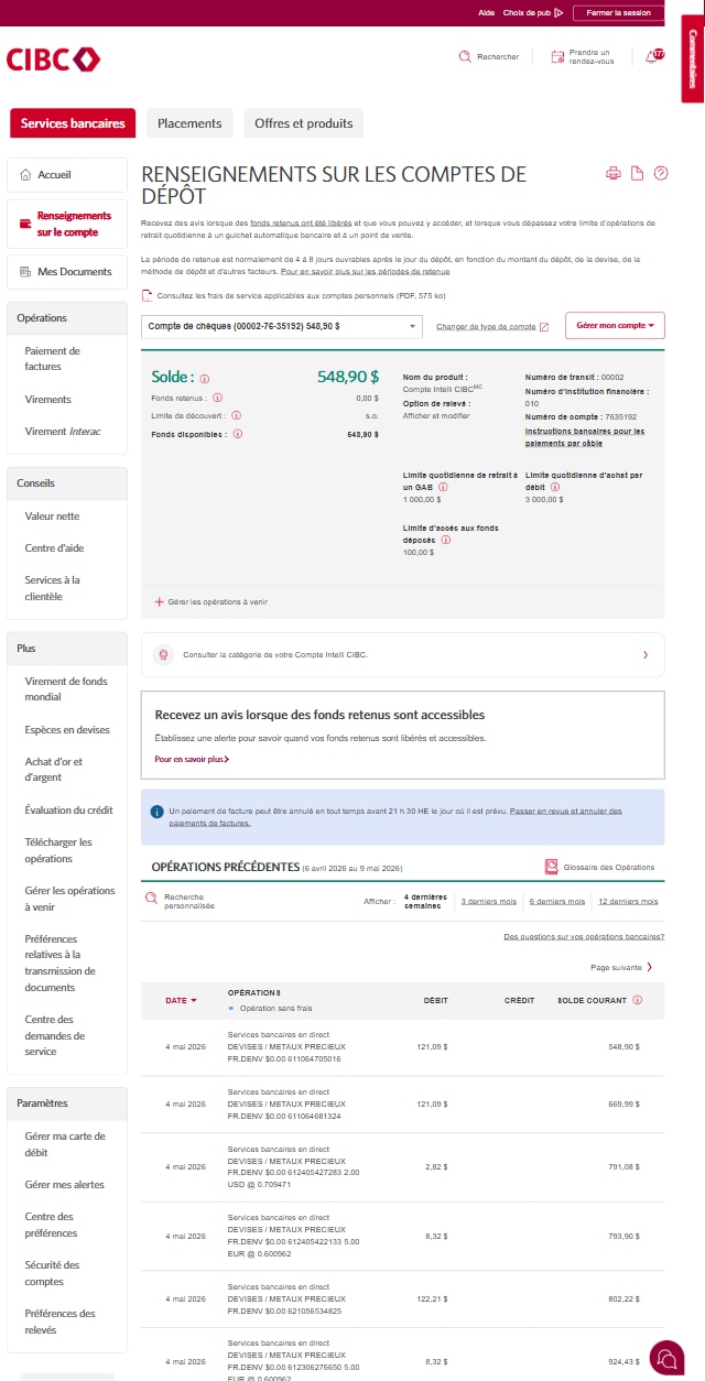 Écran 7 de la démonstration : Page Renseignements sur les comptes de dépôt. Une animation dynamique met en évidence la section des opérations qui peut être examinée.