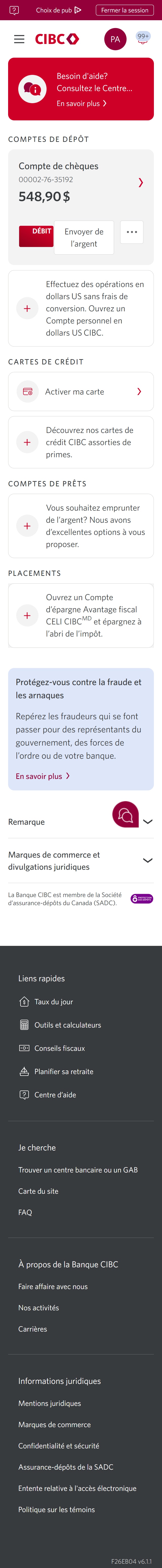 Écran 13 de la démonstration : Page d’accueil de Services bancaires CIBC en direct. Une animation dynamique met en évidence le menu Plus d’options.