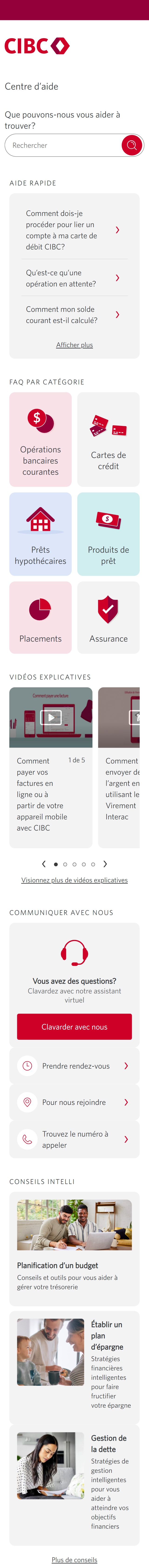Écran 15 de la démonstration : Page Centre d’aide. Aucune animation dynamique.