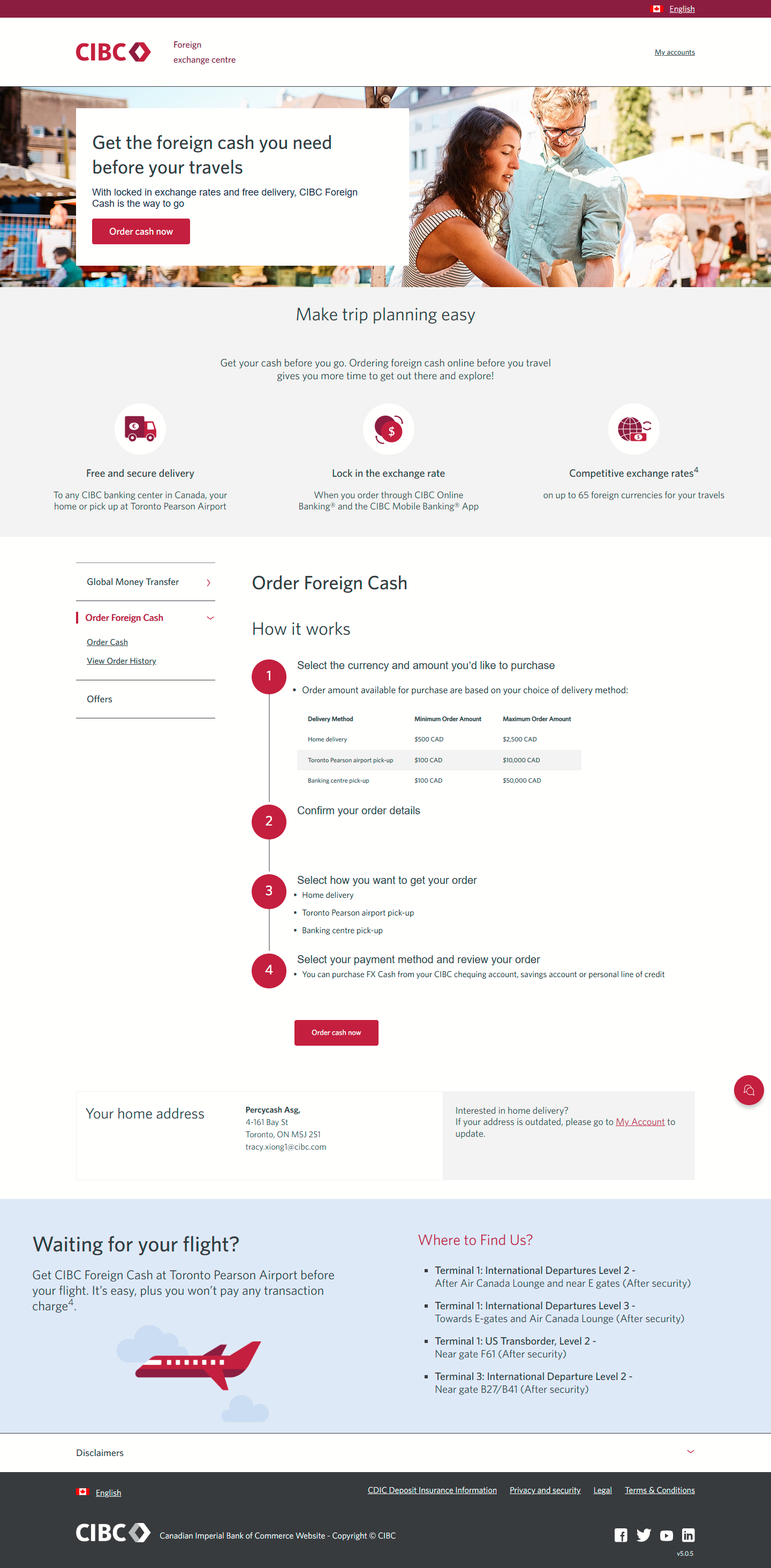 Demo screen 3: CIBC Foreign exchange centre homepage. A pulsing animation highlights the "Order cash now" button.