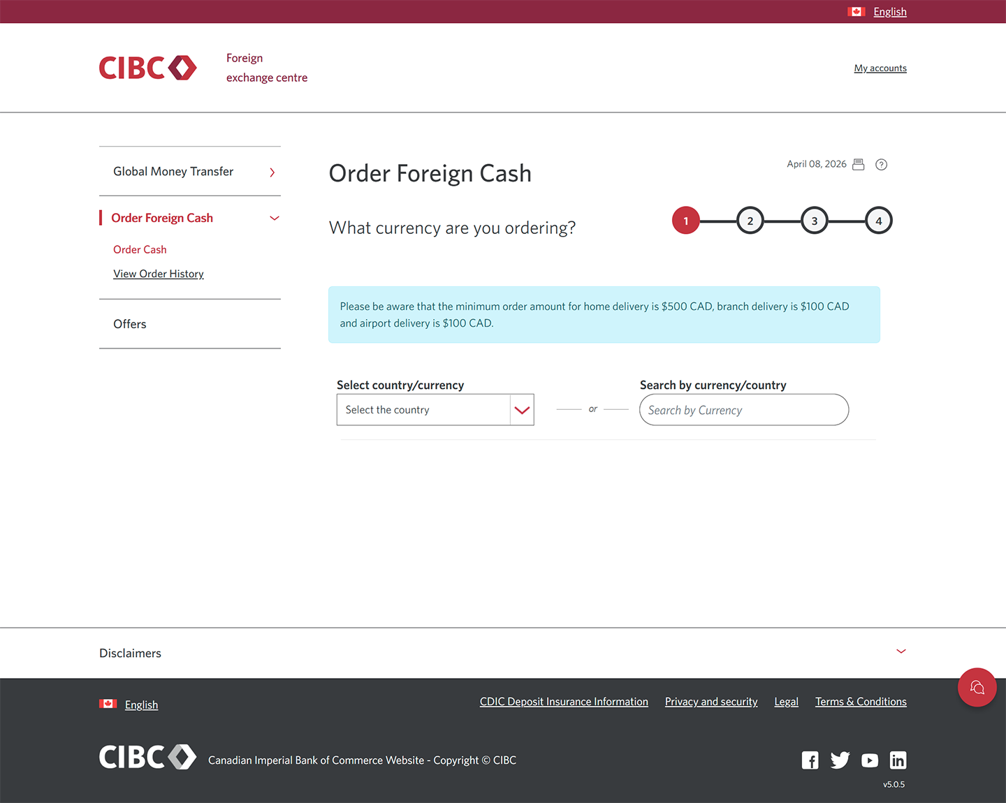 Demo screen 4: CIBC Foreign exchange centre order page. A pulsing animation highlights the "Select country/currency" combo box.