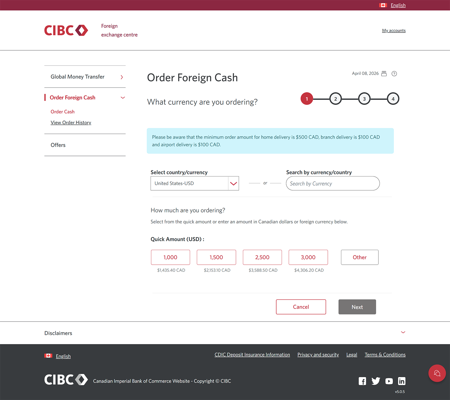 Demo screen 5: CIBC Foreign exchange centre order page. A pulsing animation highlights the "Other" button.