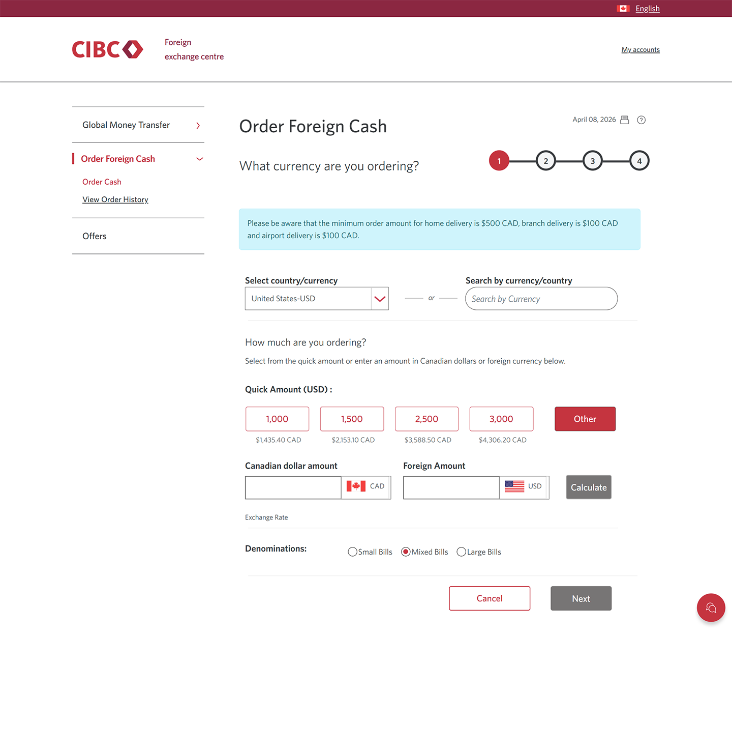 Demo screen 6: CIBC Foreign exchange centre order page. A pulsing animation highlights the "Mixed bills" radio button.