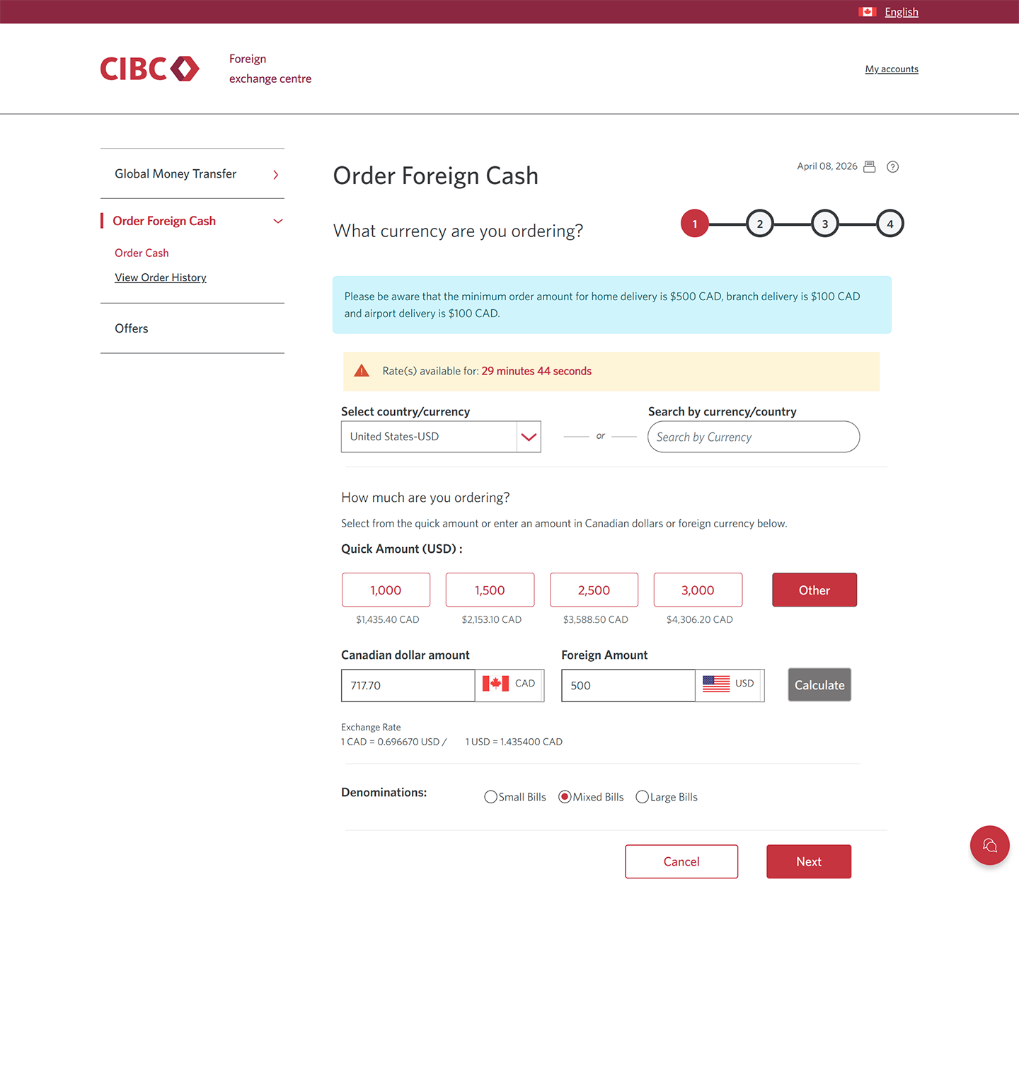 Demo screen 7: CIBC Foreign exchange centre order page. A pulsing animation highlights the "Next" button.