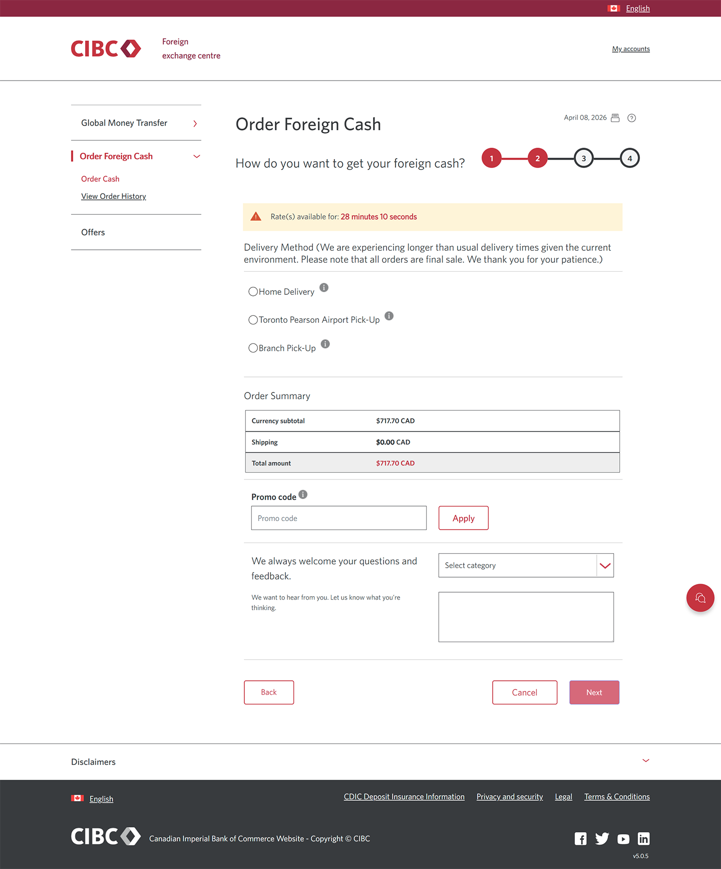 Demo screen 8: CIBC foreign exchange centre order page. A pulsing animation highlights the "Branch Pick-Up" radio button.