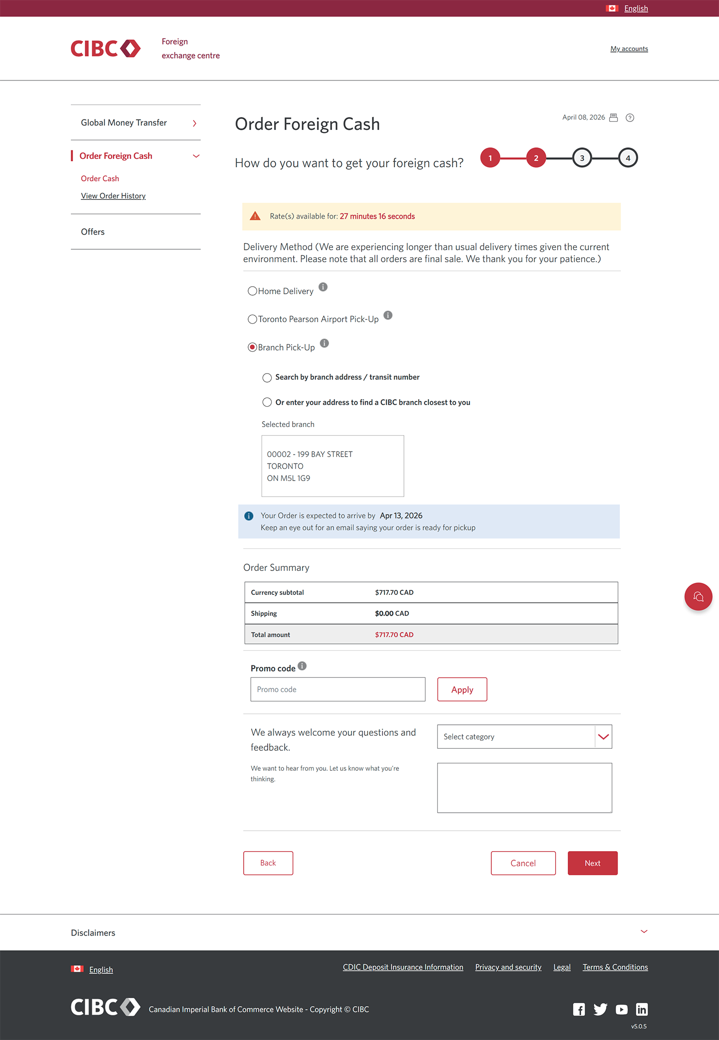 Demo screen 9: CIBC Foreign exchange centre order page. A pulsing animation highlights "Or enter your address to find a CIBC branch closest to you" radio button.