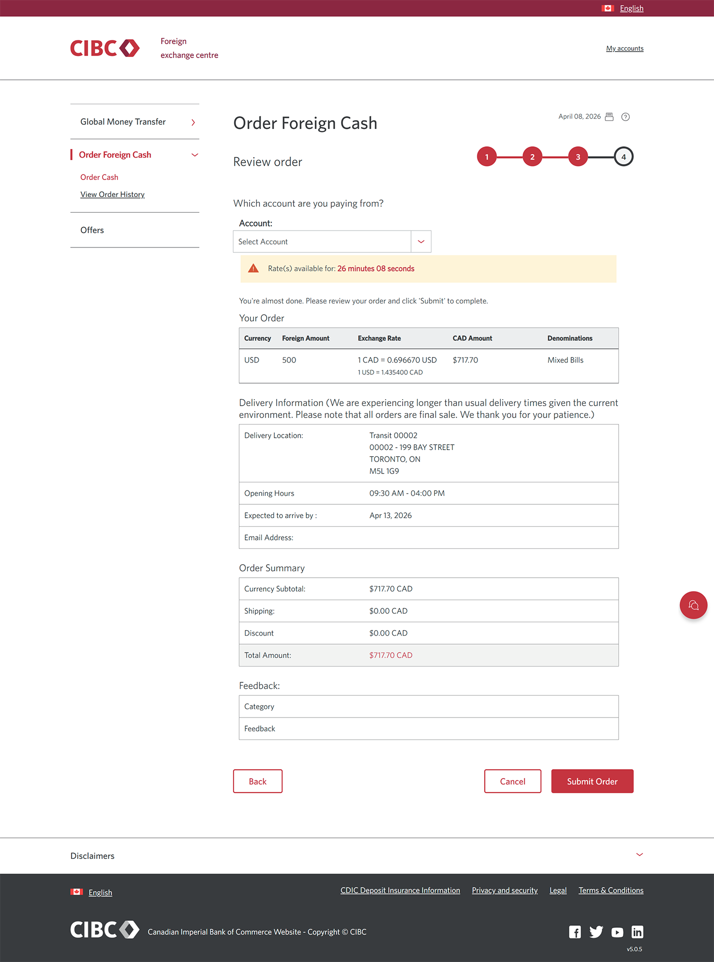 Demo screen 11: CIBC Foreign exchange centre order page. A pulsing animation highlights the "Select Account" dropdown menu.