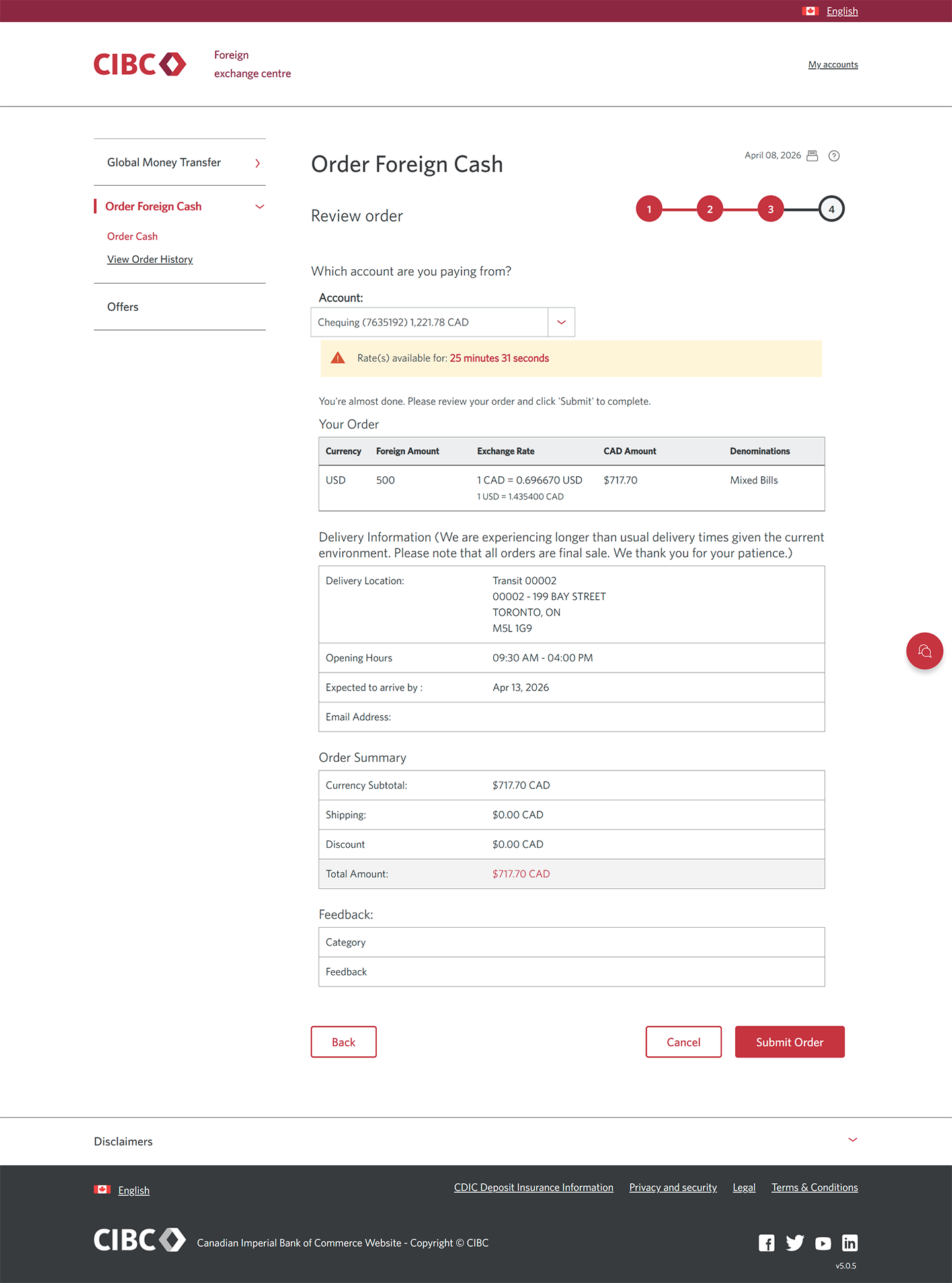 Demo screen 12: CIBC foreign exchange centre order review page. A pulsing animation highlights the "Submit Order" button.
