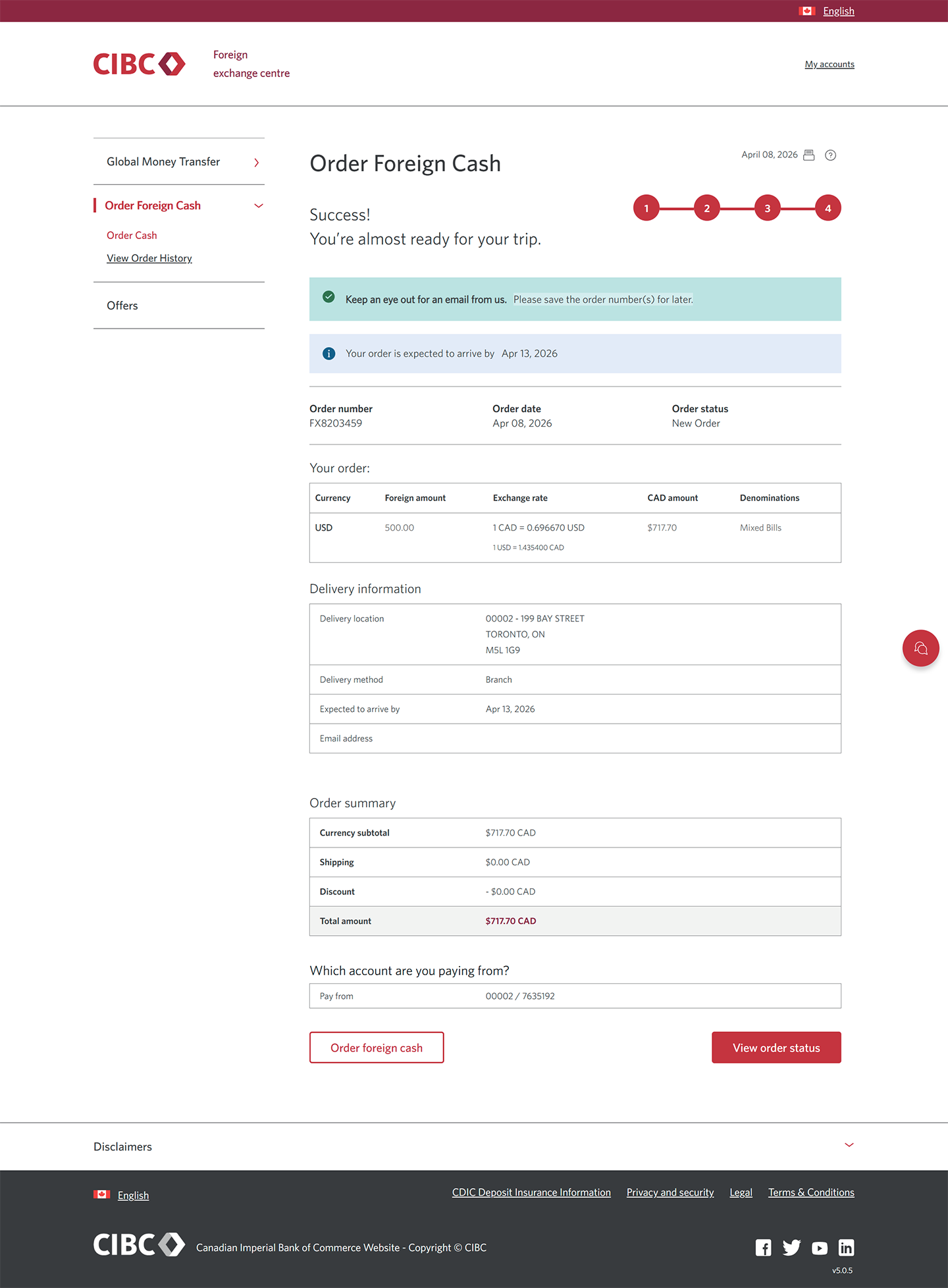 Demo screen 13: CIBC foreign exchange centre order submitted page. No pulsing animation.