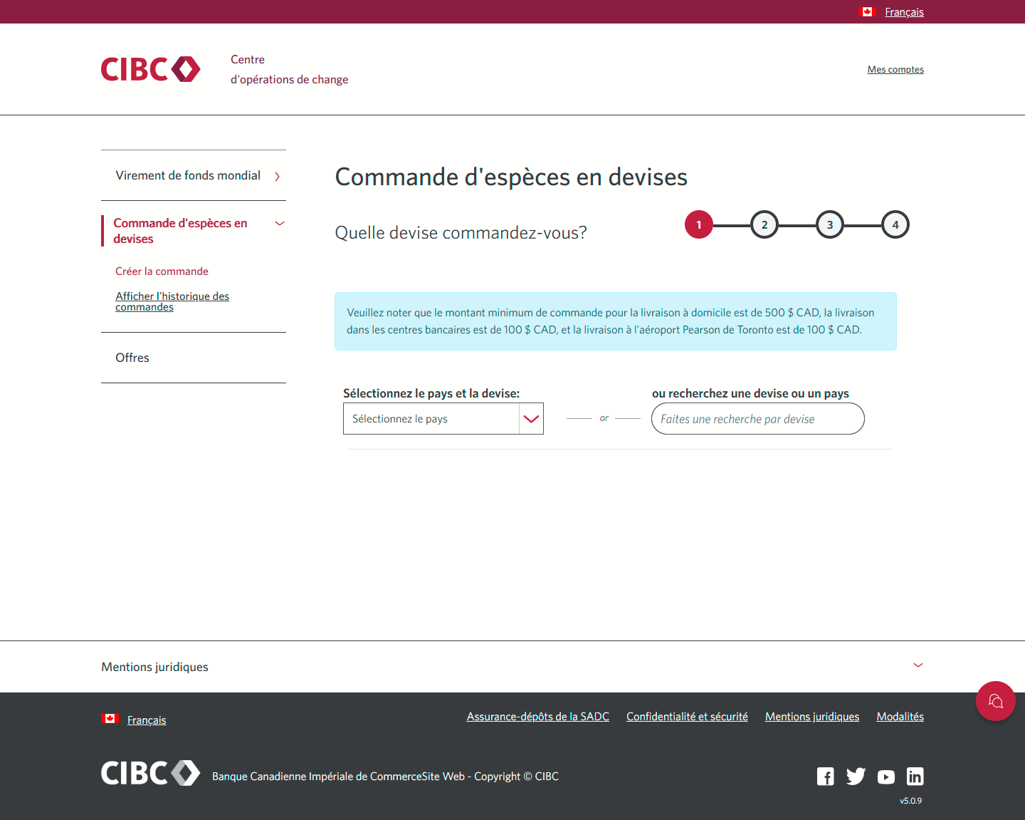 Écran 4 de la démonstration : Page de commande du Centre d’opérations de change CIBC. Une animation dynamique met en évidence la zone de liste déroulante Sélectionner un pays ou une devise.