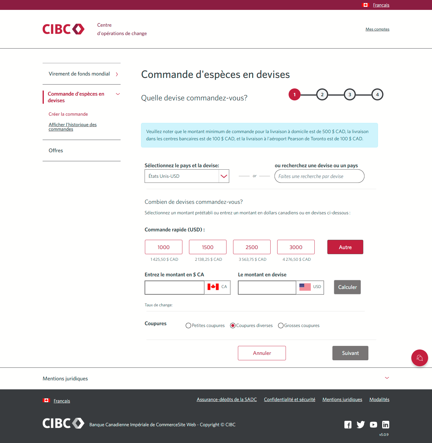 Écran 6 de la démonstration : Page de commande du Centre d’opérations de change CIBC. Une animation dynamique met en évidence le bouton d’option Coupures variées.
