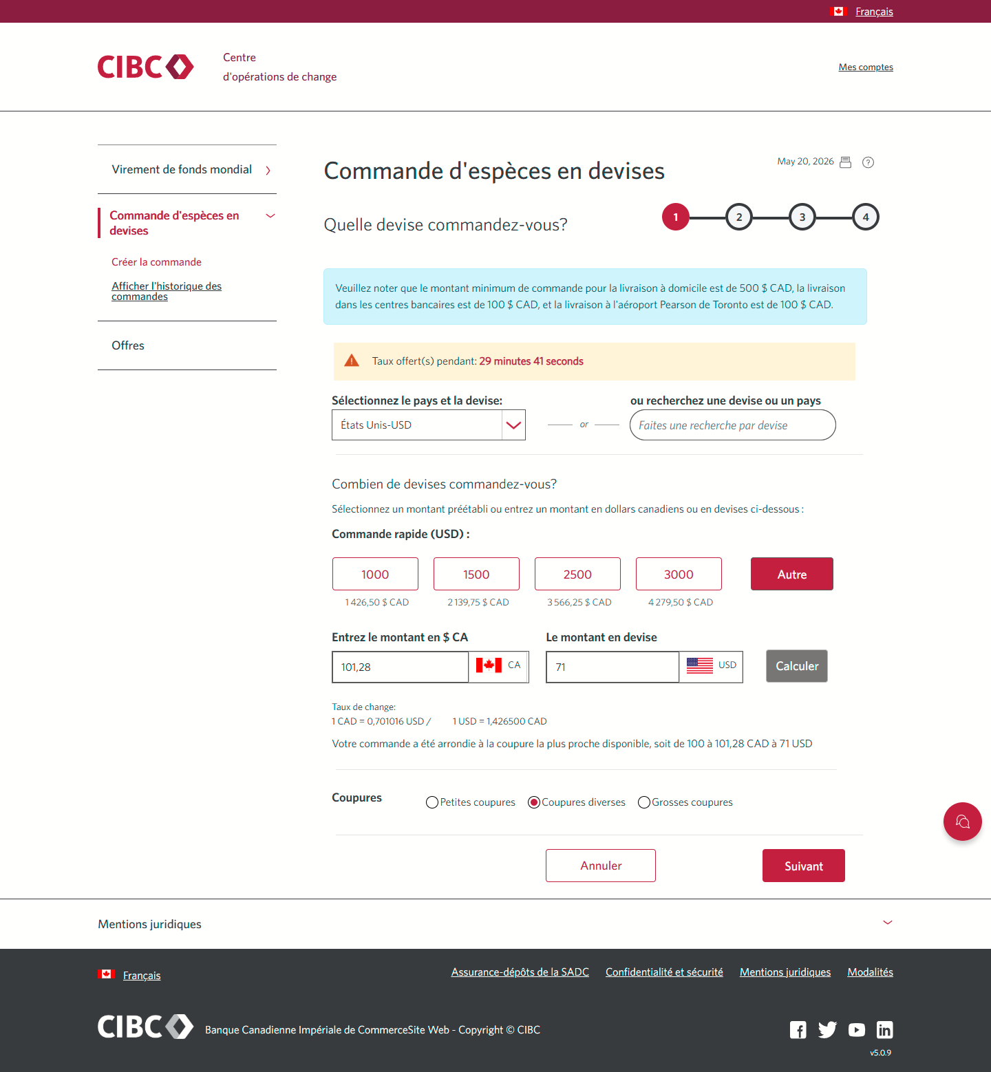 Écran 7 de la démonstration : Page de commande du Centre d’opérations de change CIBC. Une animation dynamique met en évidence le bouton Suivant.