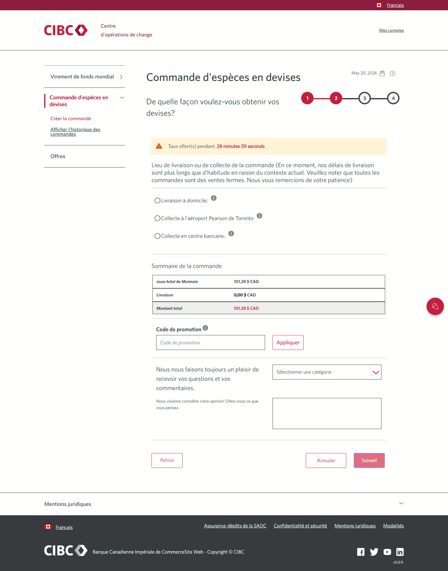 Écran 8 de la démonstration : Page de commande du Centre d’opérations de change CIBC. Une animation dynamique met en évidence le bouton d’option Retrait en succursale.