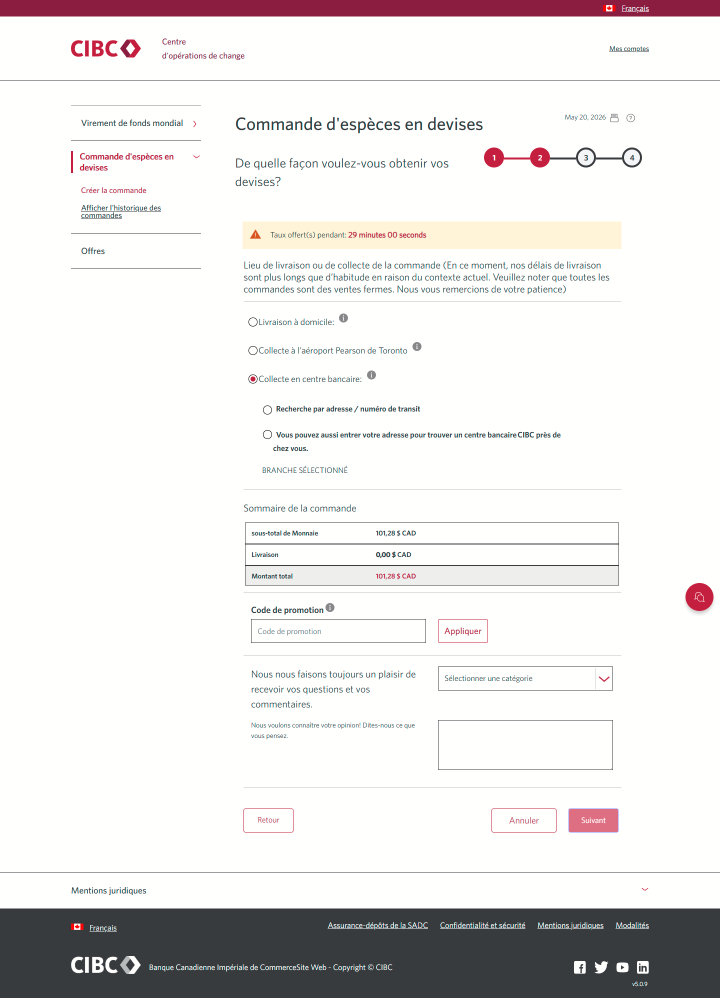 Écran 9 de la démonstration : Page de commande du Centre d’opérations de change CIBC. Une animation dynamique met en évidence le bouton d’option « Ou entrez votre adresse pour trouver le centre bancaire CIBC le plus près de chez vous ».