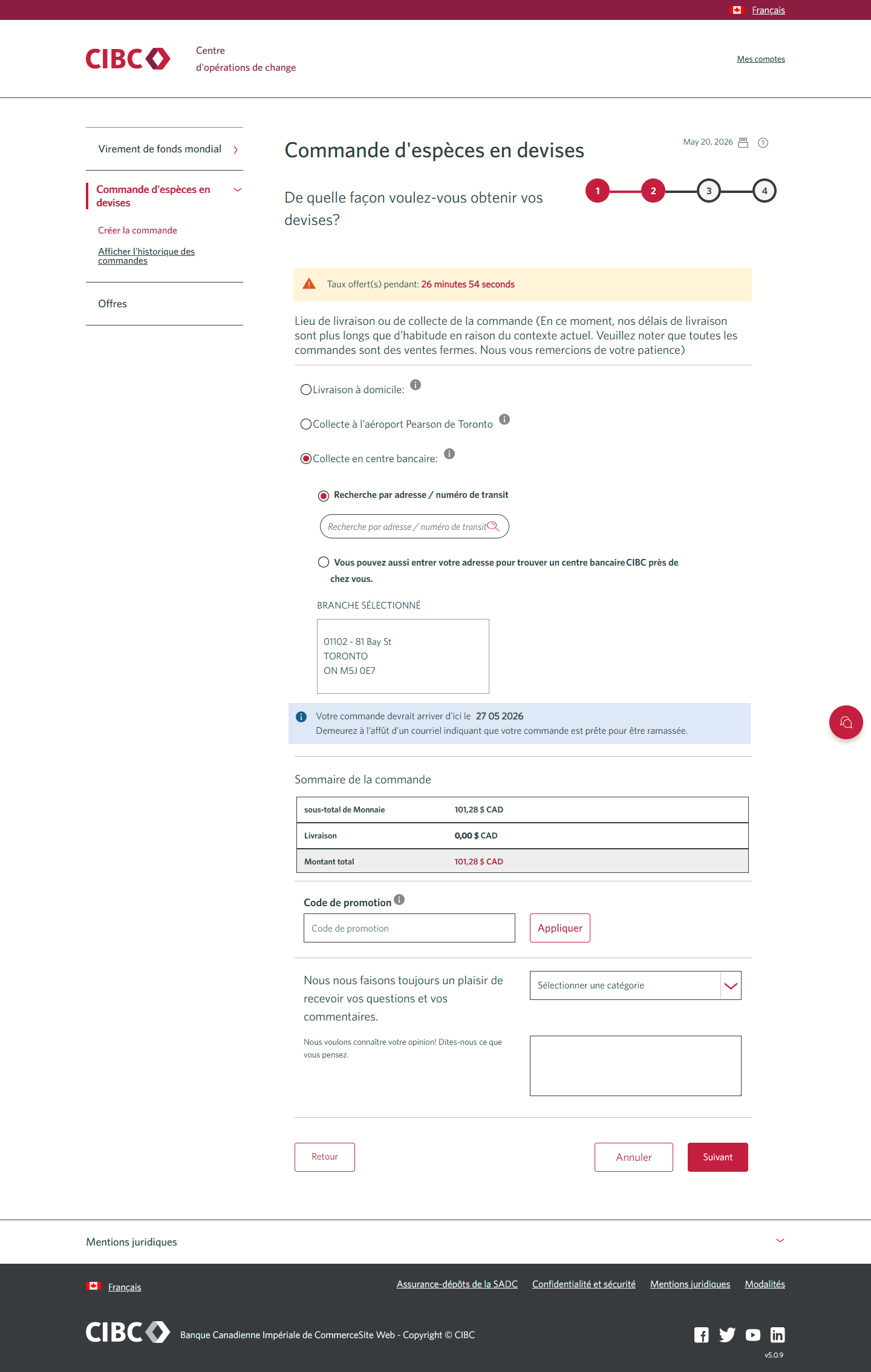 Écran 10 de la démonstration : Page de commande du Centre d’opérations de change CIBC. Une animation dynamique met en évidence le bouton Suivant.