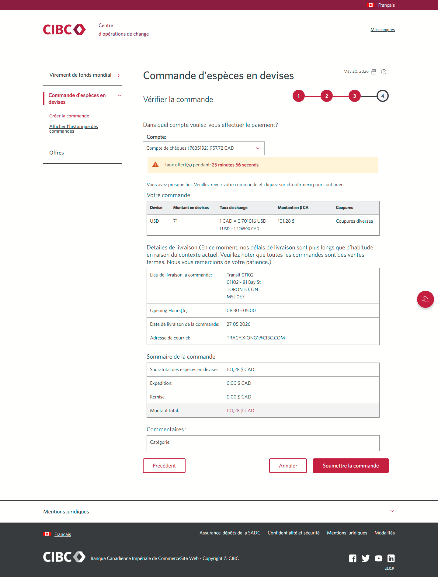 Écran 12 de la démonstration : Page d’examen de la commande du Centre d’opérations de change CIBC. Une animation dynamique met en évidence le bouton Soumettre la commande.