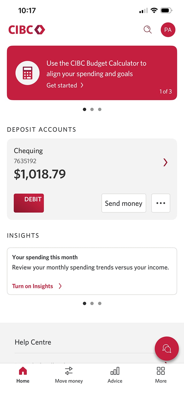 Demo screen 2: CIBC Mobile Banking App home page. A pulsing animation highlights the "Move money" tab.