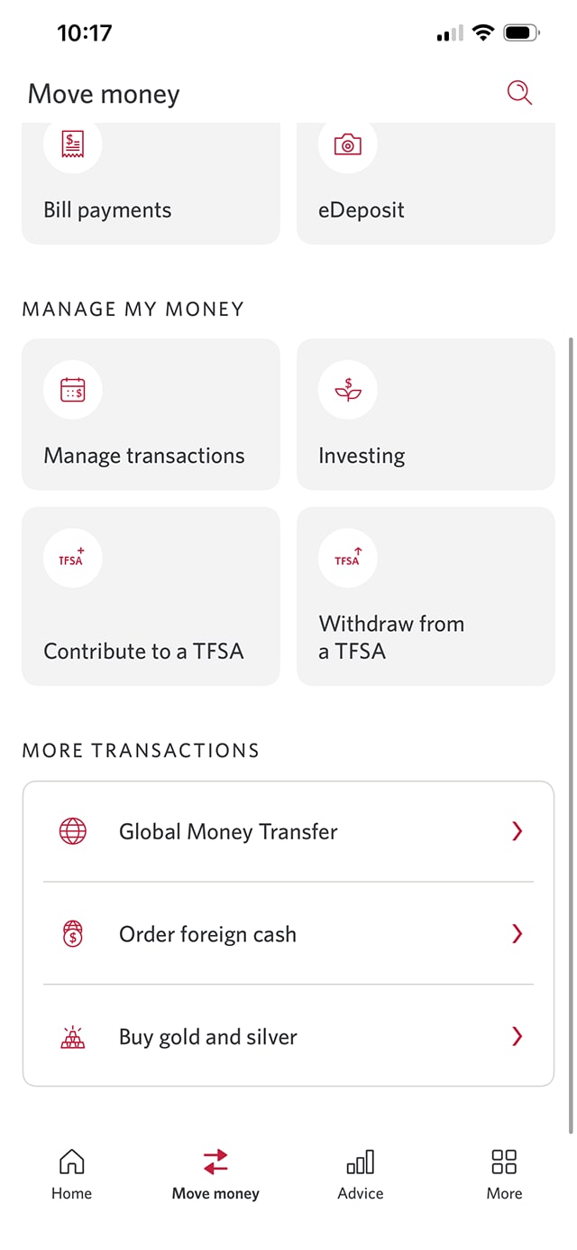 Demo screen 3: CIBC Mobile Banking App move money menu. A pulsing animation highlights the "Order foreign cash" button.