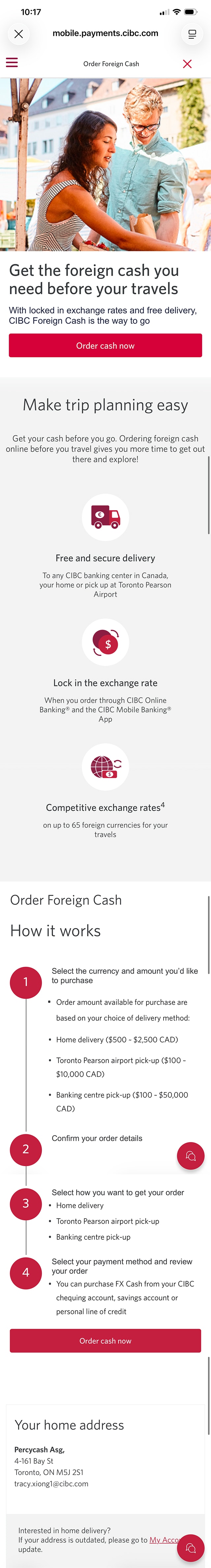 Demo screen 4: CIBC Mobile Banking App order foreign cash action. A pulsing animation highlights the "Order cash now" button.