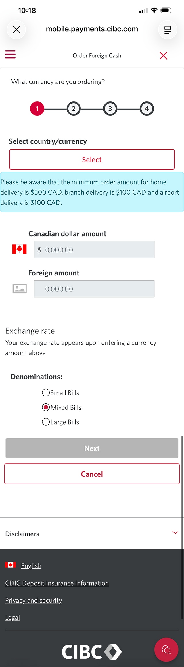 Demo screen 5: CIBC Mobile Banking App order foreign cash details. A pulsing animation highlights the "Select" button for Select country/currency.
