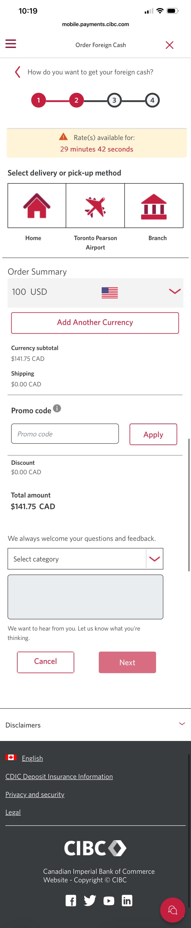 Demo screen 7: CIBC Mobile Banking App order foreign cash delivery options. A pulsing animation highlights "Branch" to select a delivery or pick-up method.