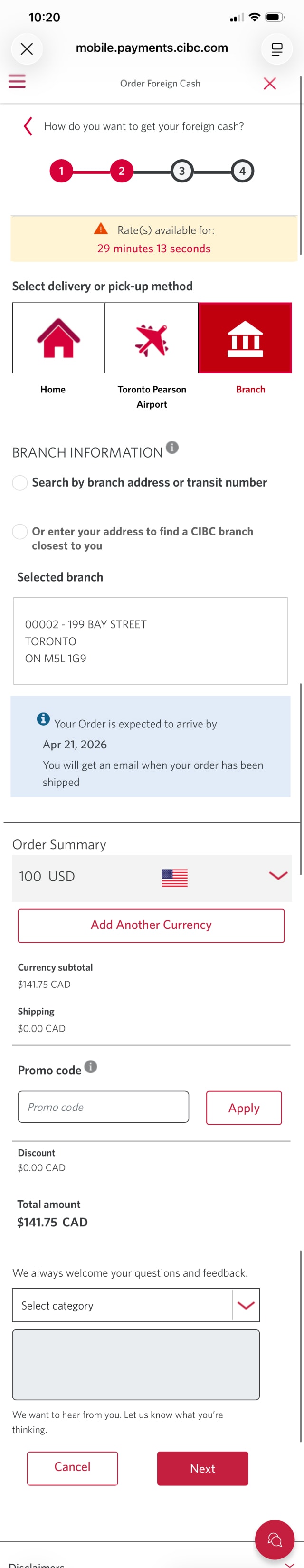 Demo screen 8: CIBC Mobile Banking App order foreign cash delivery options. A pulsing animation highlights "Search by branch address or transit number" radio button.