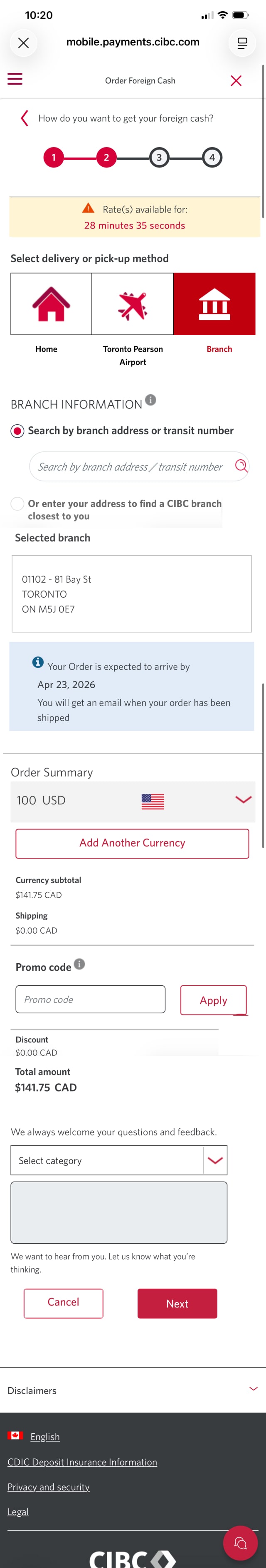 Demo screen 9: CIBC Mobile Banking App order foreign cash delivery options. A pulsing animation highlights the "Next" button.