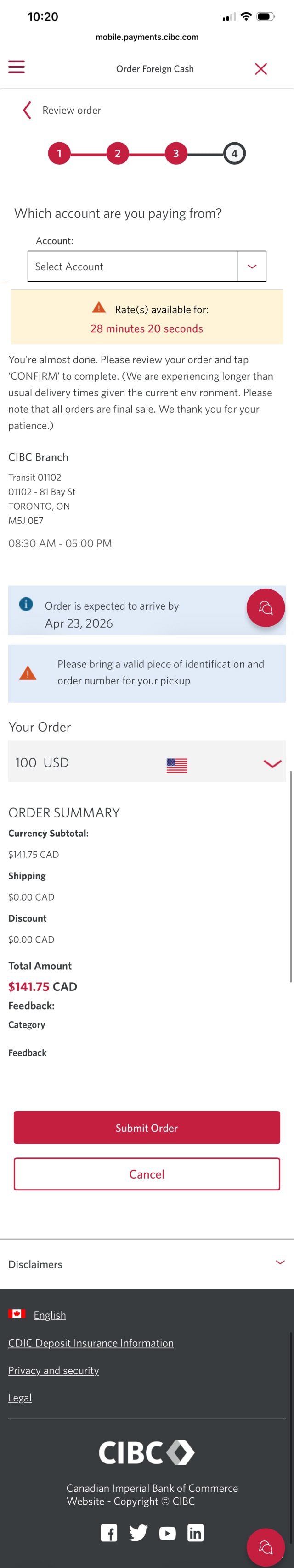 Demo screen 10: CIBC Mobile Banking App order foreign cash. A pulsing animation highlights the select an "Account" dropdown menu.