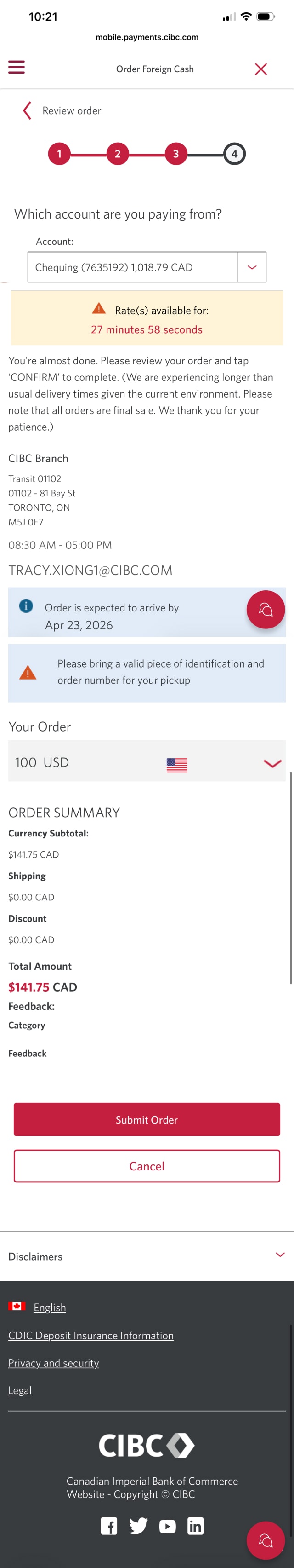 Demo screen 11: CIBC Mobile Banking App order foreign cash confirmation page. A pulsing animation highlights the "Submit Order" button.