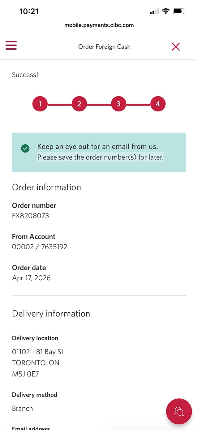 Demo screen 12: CIBC Mobile Banking App order foreign cash confirmation page. No pulsing animation.