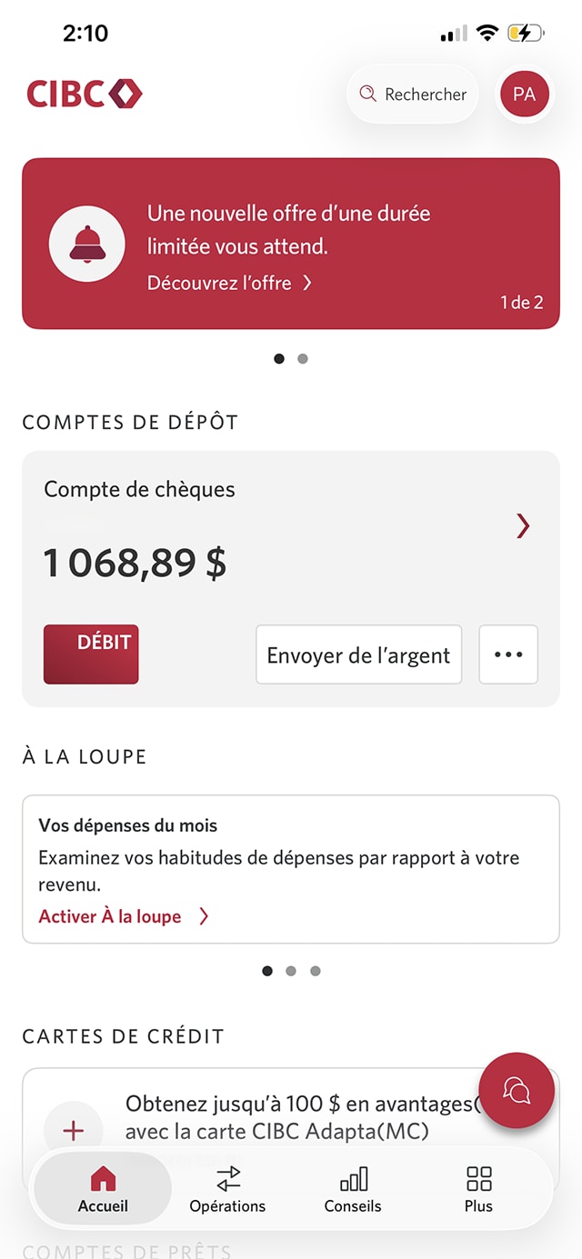 Écran 2 de la démonstration : Page d’accueil de l’application Services bancaires mobiles CIBC. Une animation dynamique met en évidence l’onglet Opérations.
