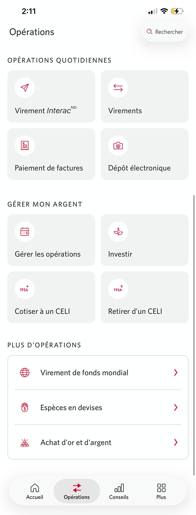 Écran 3 de la démonstration : Menu Opérations de l’application Services bancaires mobiles CIBC. Une animation dynamique met en évidence le bouton Commande d’espèces en devises.